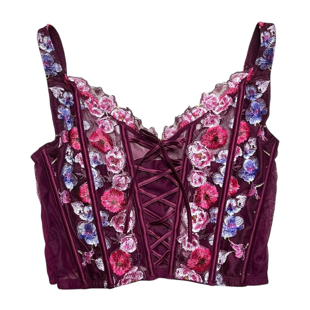 Victoria's Secret Floral Embroidered Lace-Up Corset Bra Top Size Medium